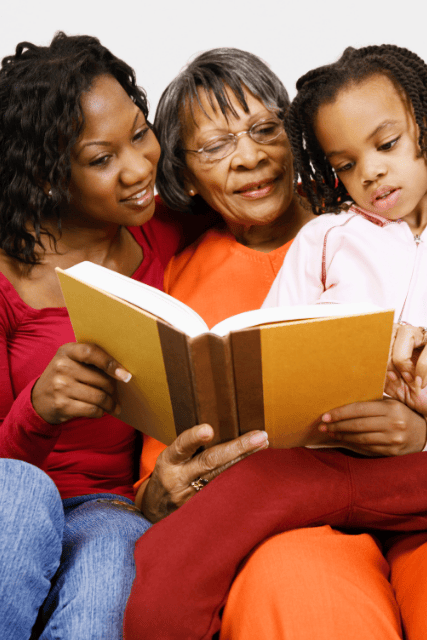 Family reading a book together on the couch.